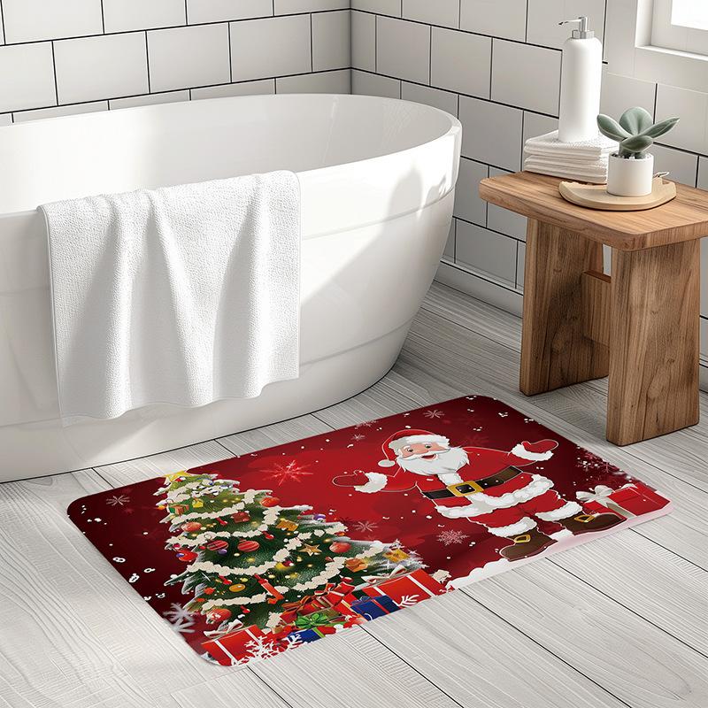 Christmas Themed Diatomite Bath Mat Non-Slip Absorbent Floor Mat for Home Entryway Bathroom Festive Decor