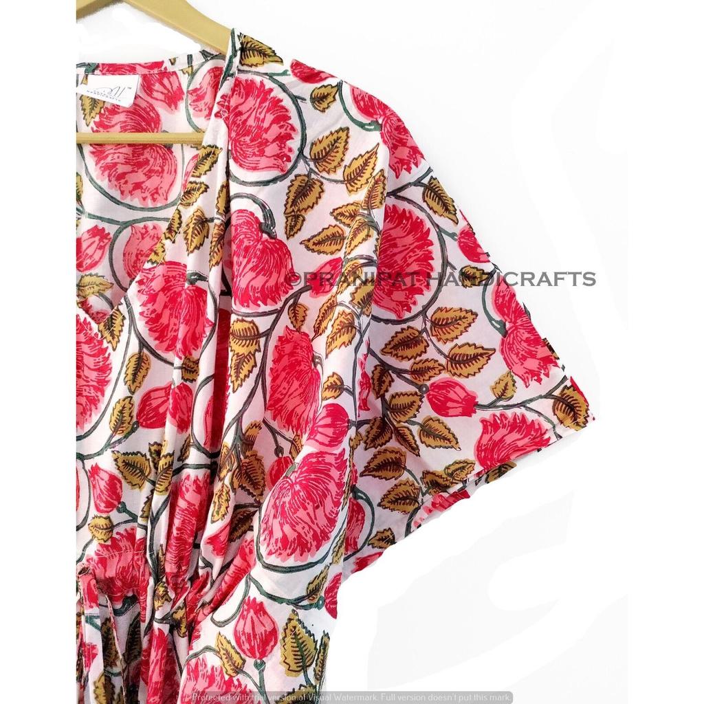 Damen Hippie Sommer Baumwolle Nachtwäsche Blumenmuster Weiß Langes Maxi Kaftan Kleid CKFTN-SCRN-FULL-BUYIT-140