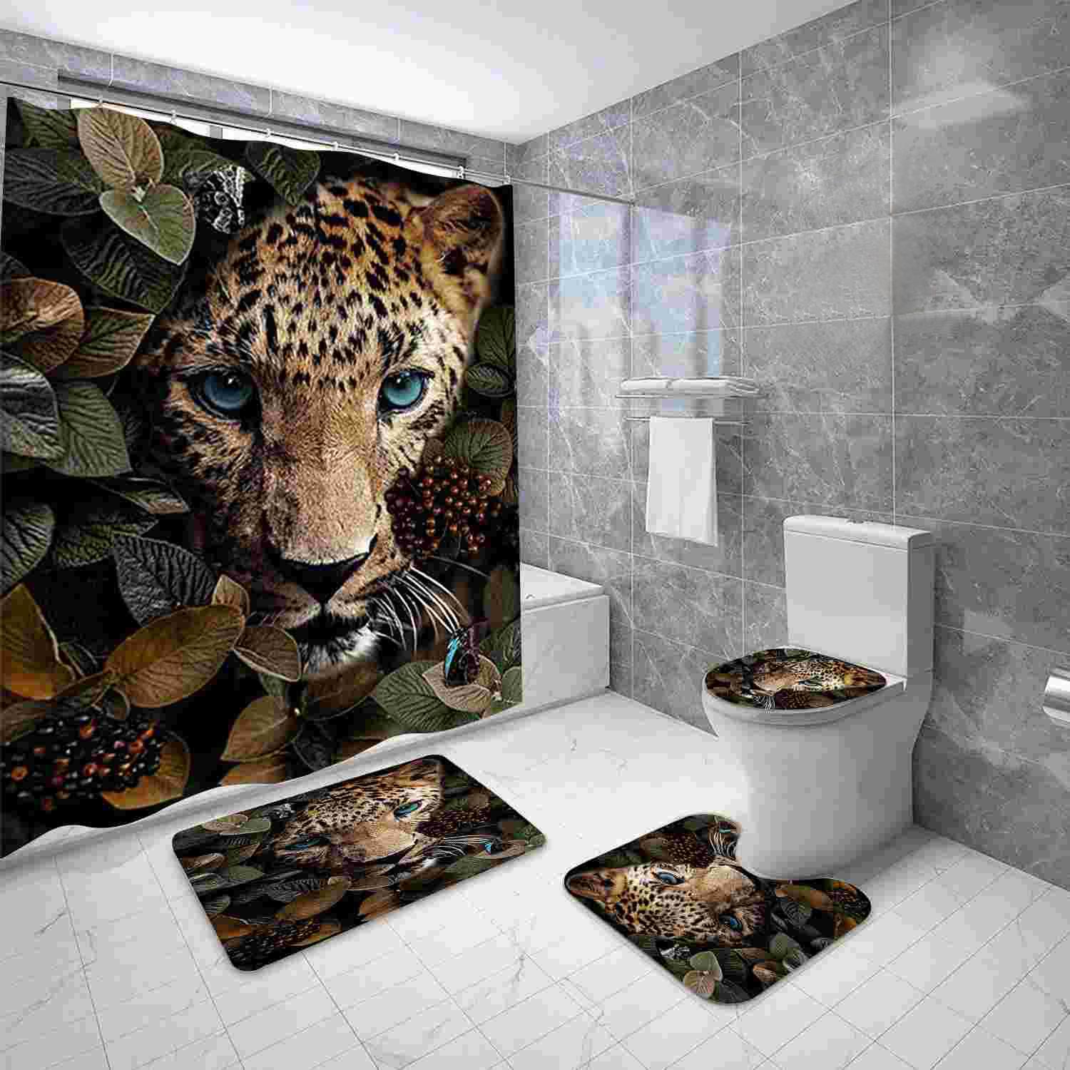 

Набір штор для душу з тигровим леопардовим візерунком Декор для ванної кімнати на тему диких тварин Кришка для сидіння унітазу Килимок на підставці