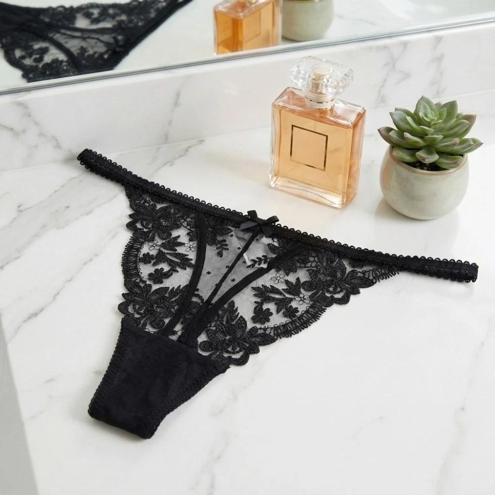 Embroidery Lace Flower Briefs Women Low Waist Romantic T Panties Sheer Mesh Lace Thong  Home