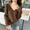 Ladies Autumn Winter Long Sleeve V Neck Loose Basic Solid Color Pullover Knitted T Shirt Top for Layering