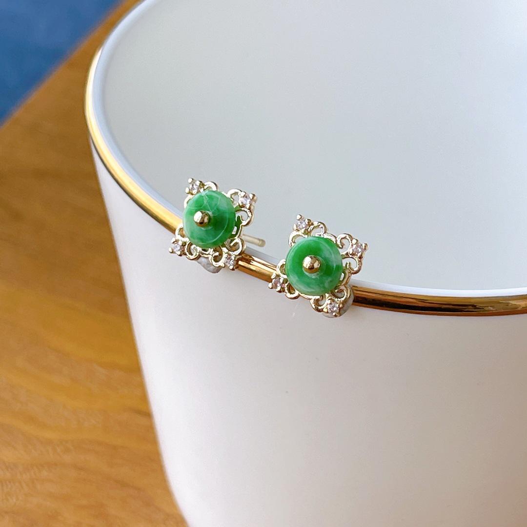 Spicy Green Jade 14k Gold-Plated Stud Earrings - Vibrant Green Gemstones