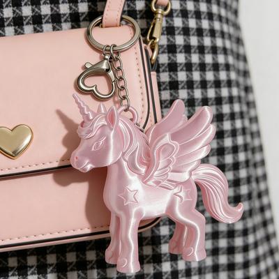 Koreanische Mode Rosa Einhorn Pegasus Schlüsselanhänger 3D Gedruckt Niedlicher Taschenanhänger Herzverschluss Rucksack Anhänger Damen Schlüsselring Geschenk für Mädchen