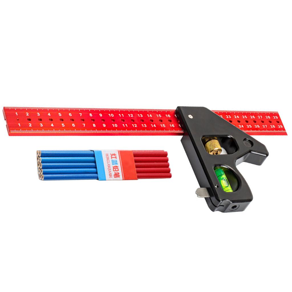 300/400mm Combination Square Set for Woodworking with 10 Carpenter Pencils and Adjustable Stainless Steel Protractor
