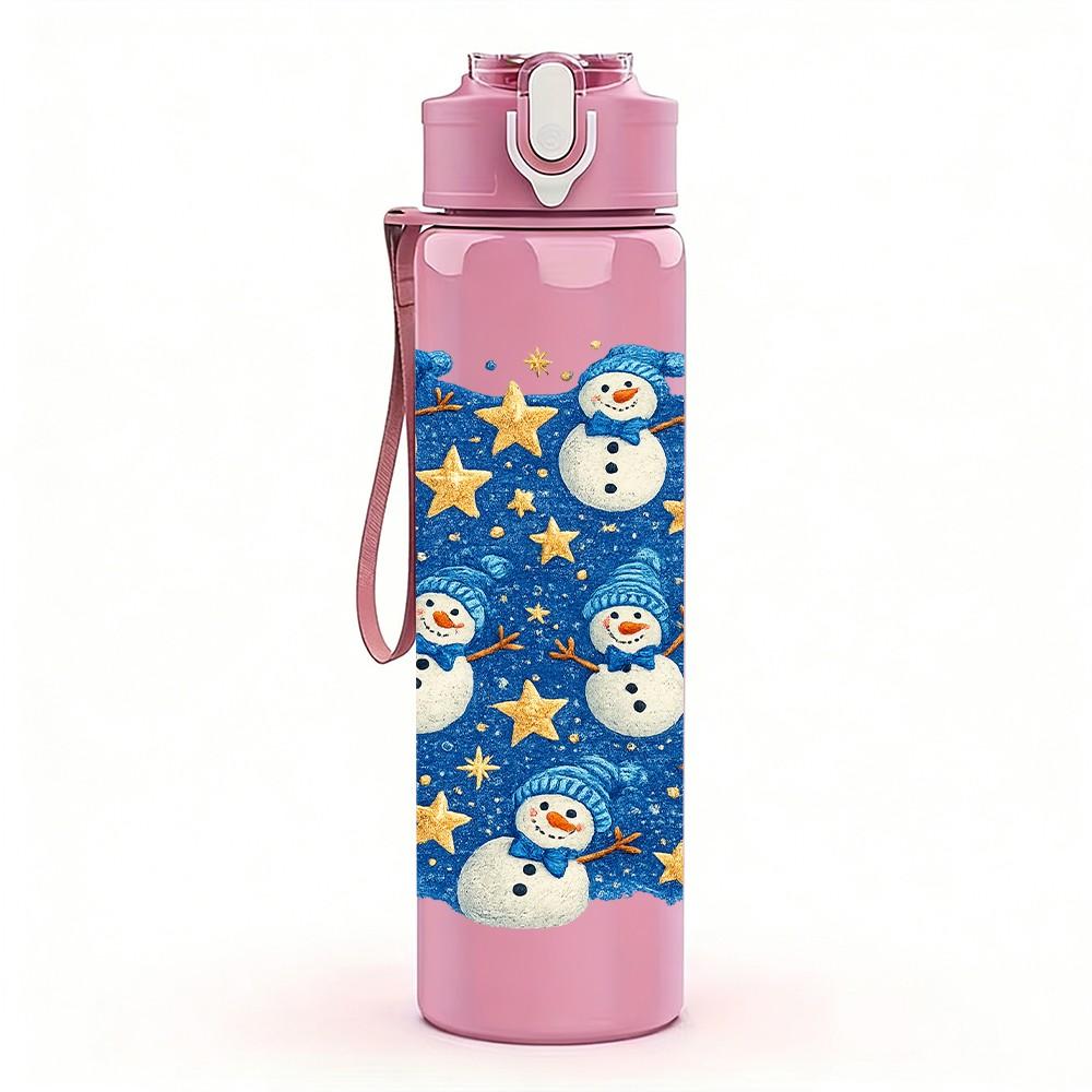 1PC Blue Base White Snowman Repeat Print 750ml Color Plastic Sports Water Bottle Leakproof Flip Straw Lid Suitable for Sports Office Home Use