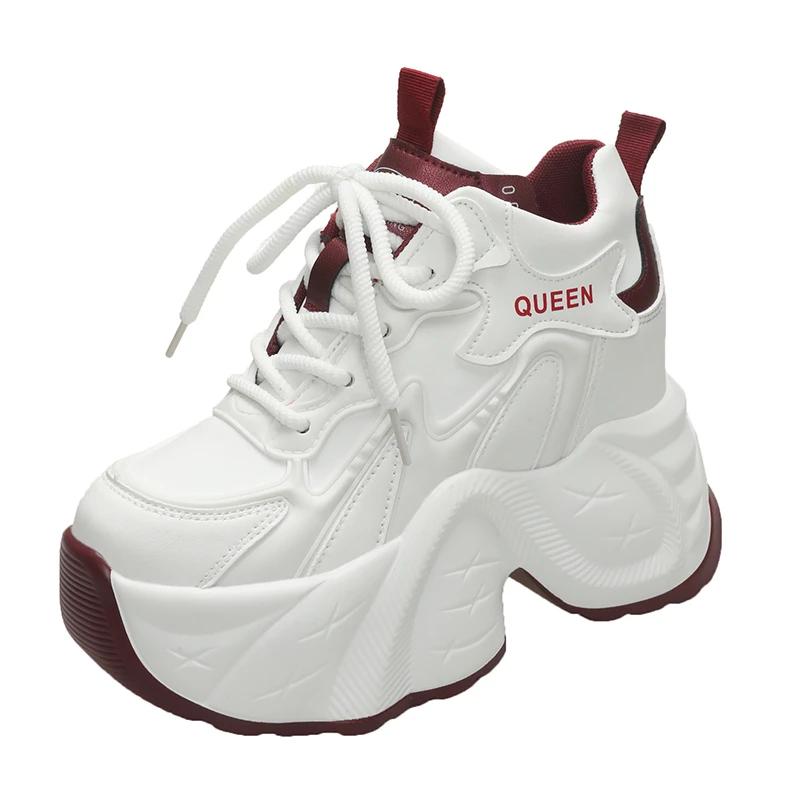 Fashion 2025 Bling Chain Chunky Sneakers New Designer High Top Platform Casual Shoes Females Spring 11CM Wedge Heels Sport Leather Shoes