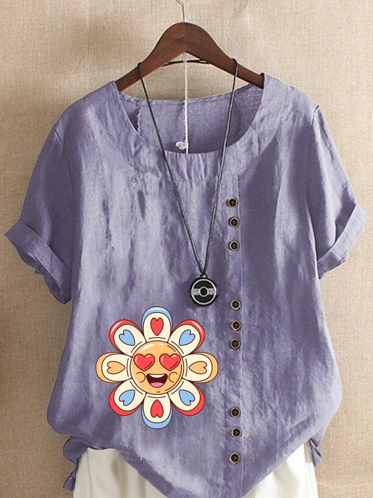 Women's Fashion Love Petal Print Round Neck Short Sleeve T-shirt Casual Cotton Linen Graphic Shirt Leisure Loose Summer Blouse Tops