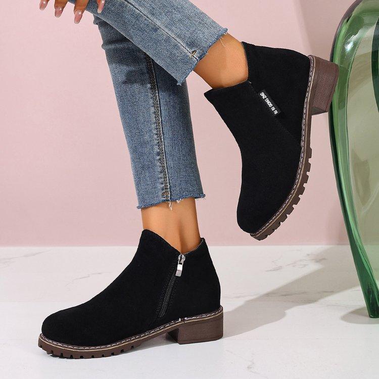 Fashion Autumn /Winter New Women's Short Boots 2025 Round Head Side and Bare Boots Square Heel Solid Color Large Size Women's Shoes
