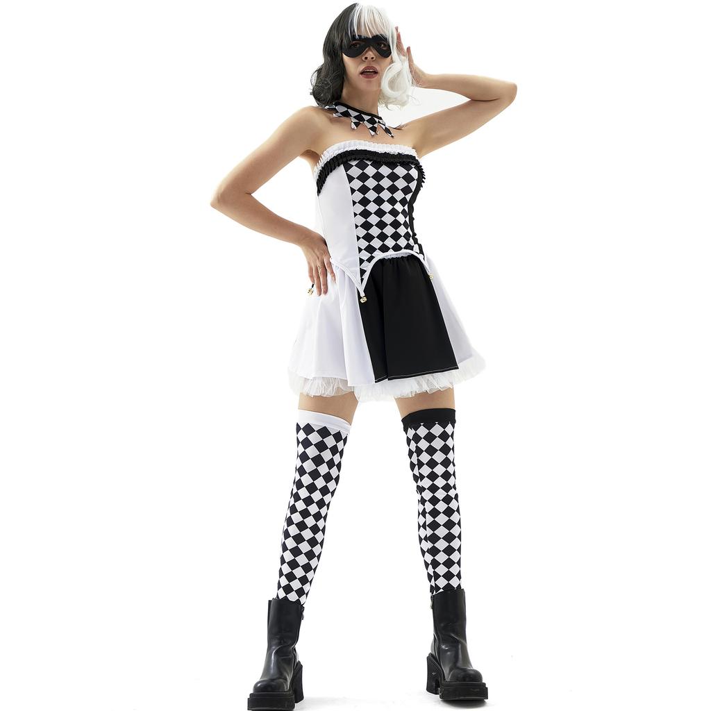 S-XL Cruella De Vil Black White Plaid Witch Queen Halloween Circus Party Costume