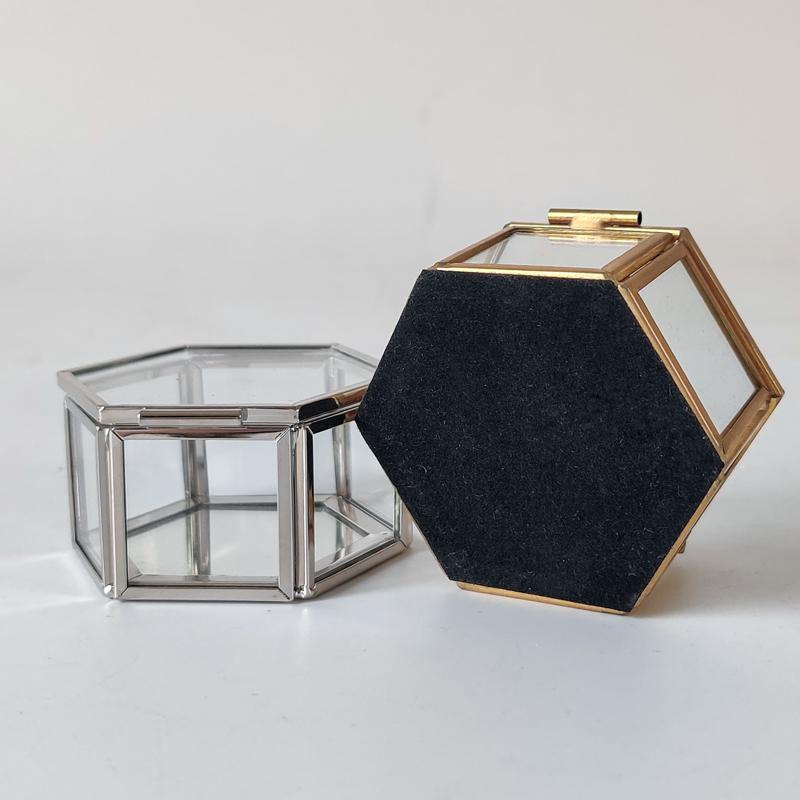 2021 Metal Small  Glass Silver Trilateral Jewelry Boxes Transparent Trinket Organizer With Golden Edge and Lid