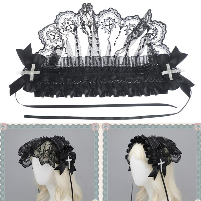 Girl Bowknot Headbands with Pleated Lace Halloween Photography Hair Hoop