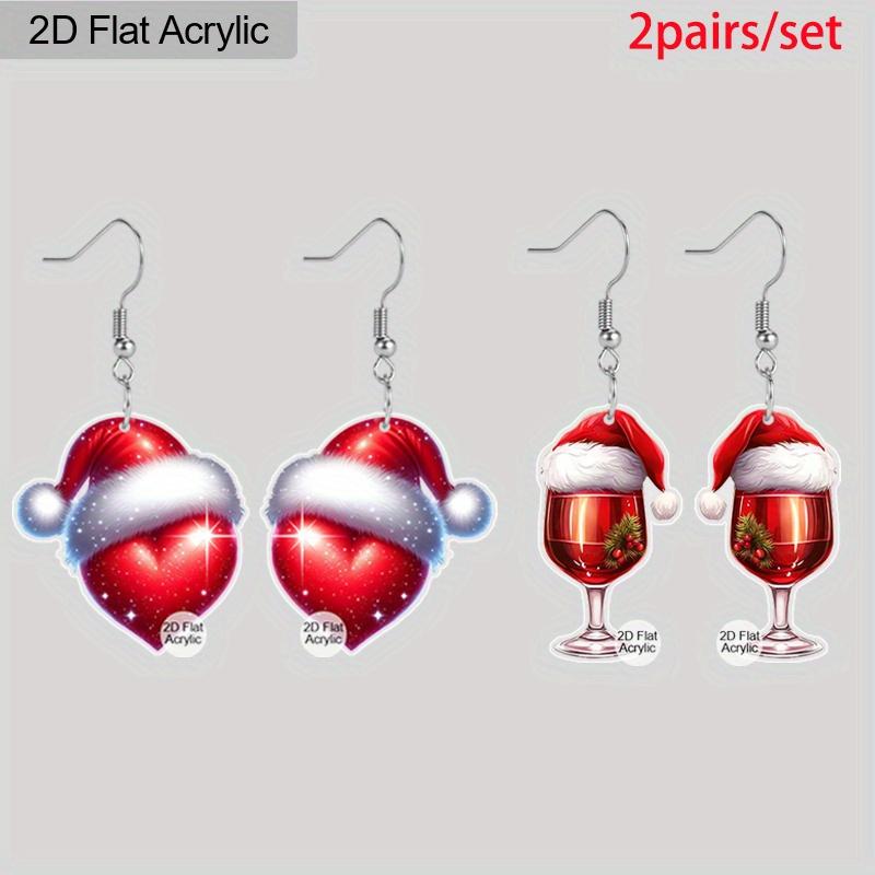 2D Flat 2pairs Y2K Fashion Christmas Hat Heart-Shaped Wine Glass Acrylic Dangle Earrings, Perfect Gift for Women, Christmas Party Jewelry