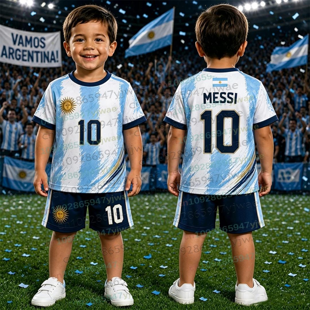 Sonderedition Messi 10 Fußballtrikot T-Shirt Shorts Set Damen Herren Harajuku Argentinien Fan T-Shirt und Shorts Sommer Kinder 2-teiliges Set 110 white