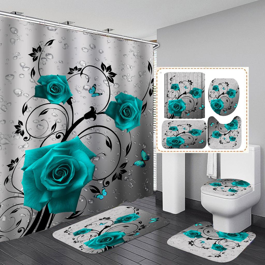 Romantic Rose Shower Curtain Polyester Waterproof Fashion Flowers Floor Mat Toilet Set Bath Accessories Mildew Proof