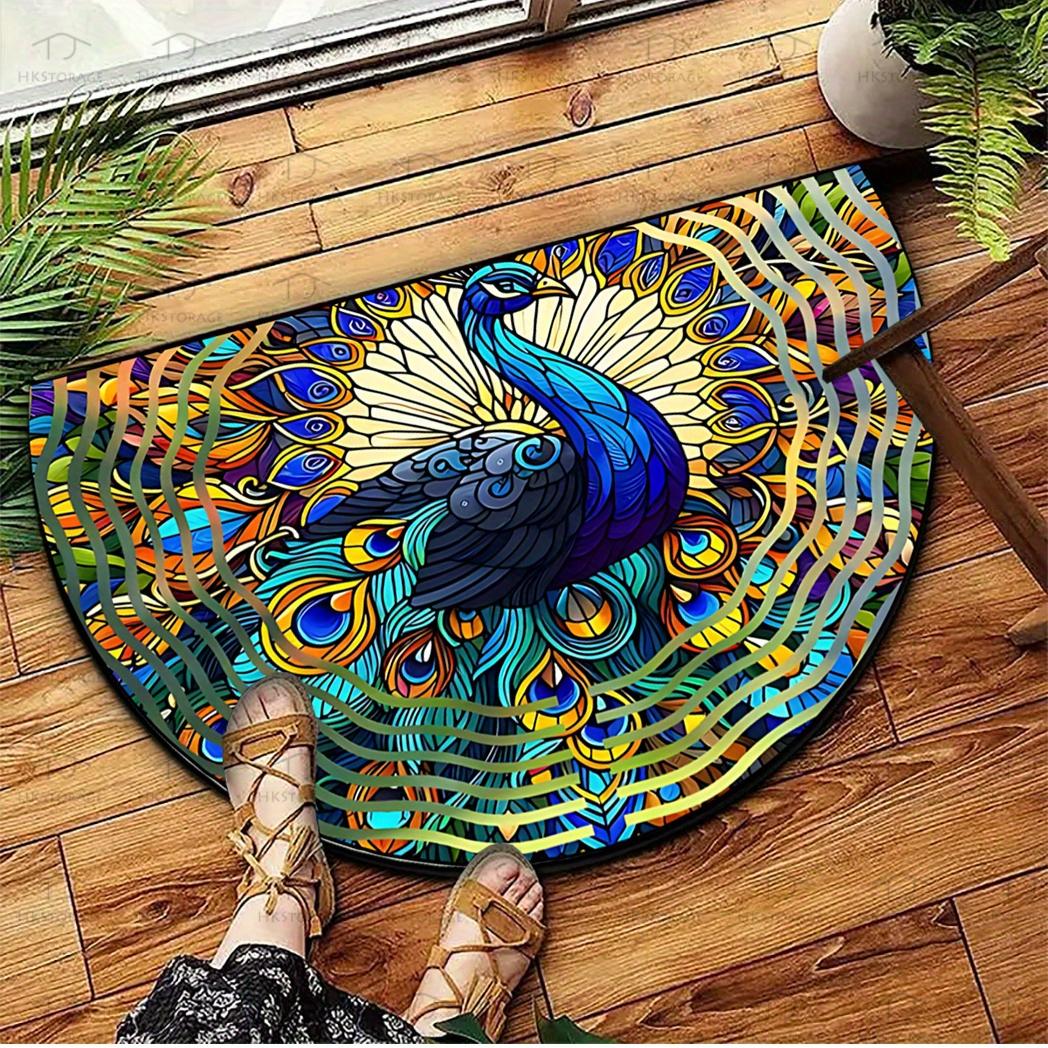 

1 шт. Коврик полукруглый с рисунком павлиньего пера, прочный полиэстер, приветственный, нескользящий, для улицы, патио, крыльца, кухни, ванной комнаты, прихожей, напольный коврик 40X60CM