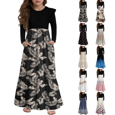 Mädchen Stufenkleid mit Rüschen - Langärmeliges bedrucktes Maxi mit Taschen