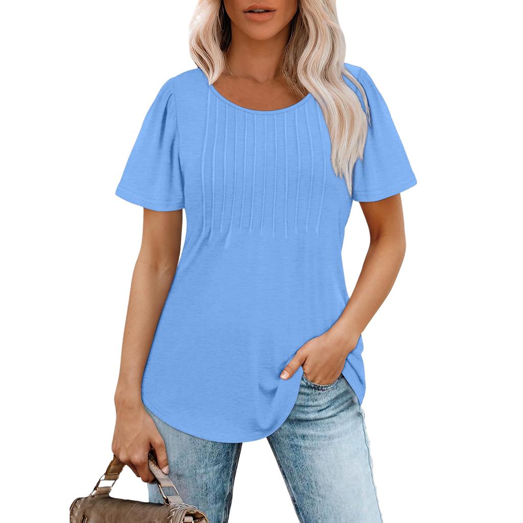 Women Short Sleeve Pleated T Shirt Casual Loose Fit Crew Neck Ruched Top Soft Lightweight Blouse for Daily Wear Office School