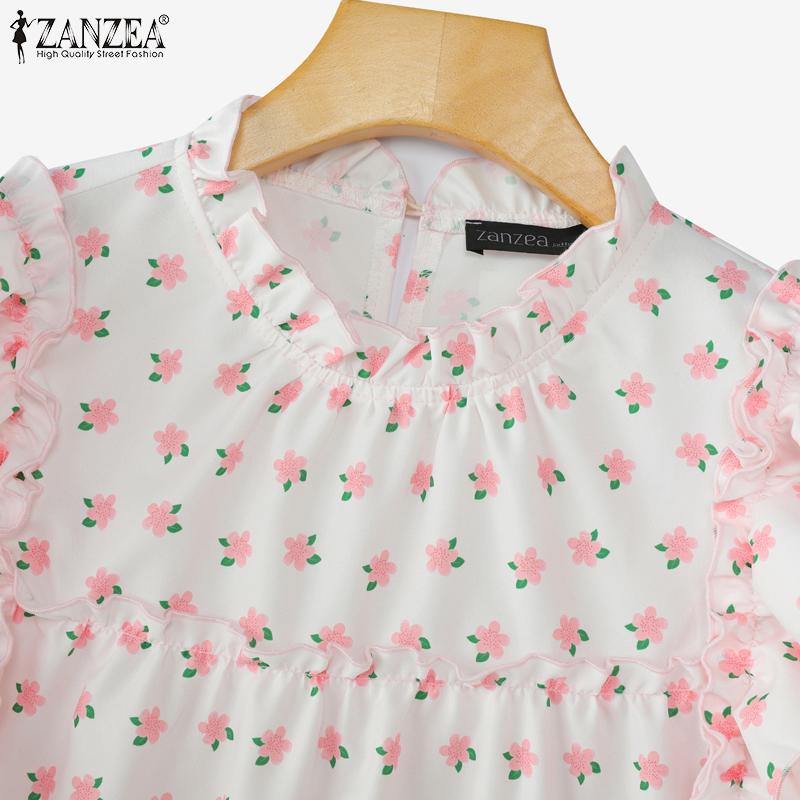 ZANZEA Women Casual Round Neck Short Sleeve Floral Print Summer Blouse