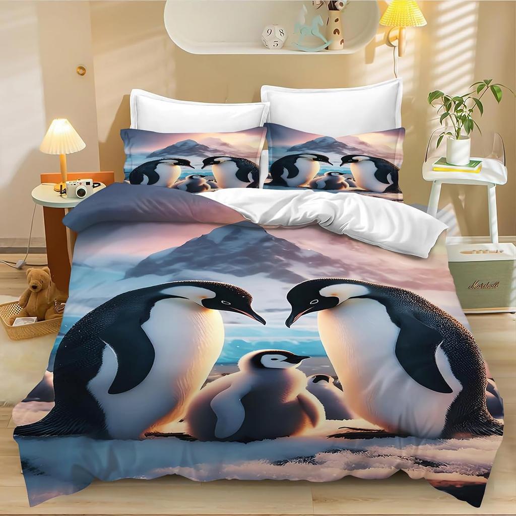 Penguin Cartoon Duvet Cover Set, Children'S Microfibre Quilt Cover,Cartoon Penguin Bedding Set, With Zip And Pillowcases 75*50Cm