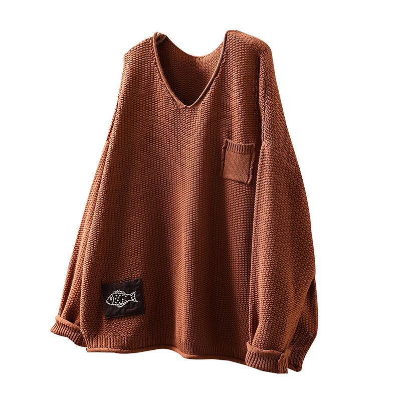 Women's Artistic Loose V-Neck Cotton Knit Sweater - Autumn Long Sleeve, Versatile Large Size