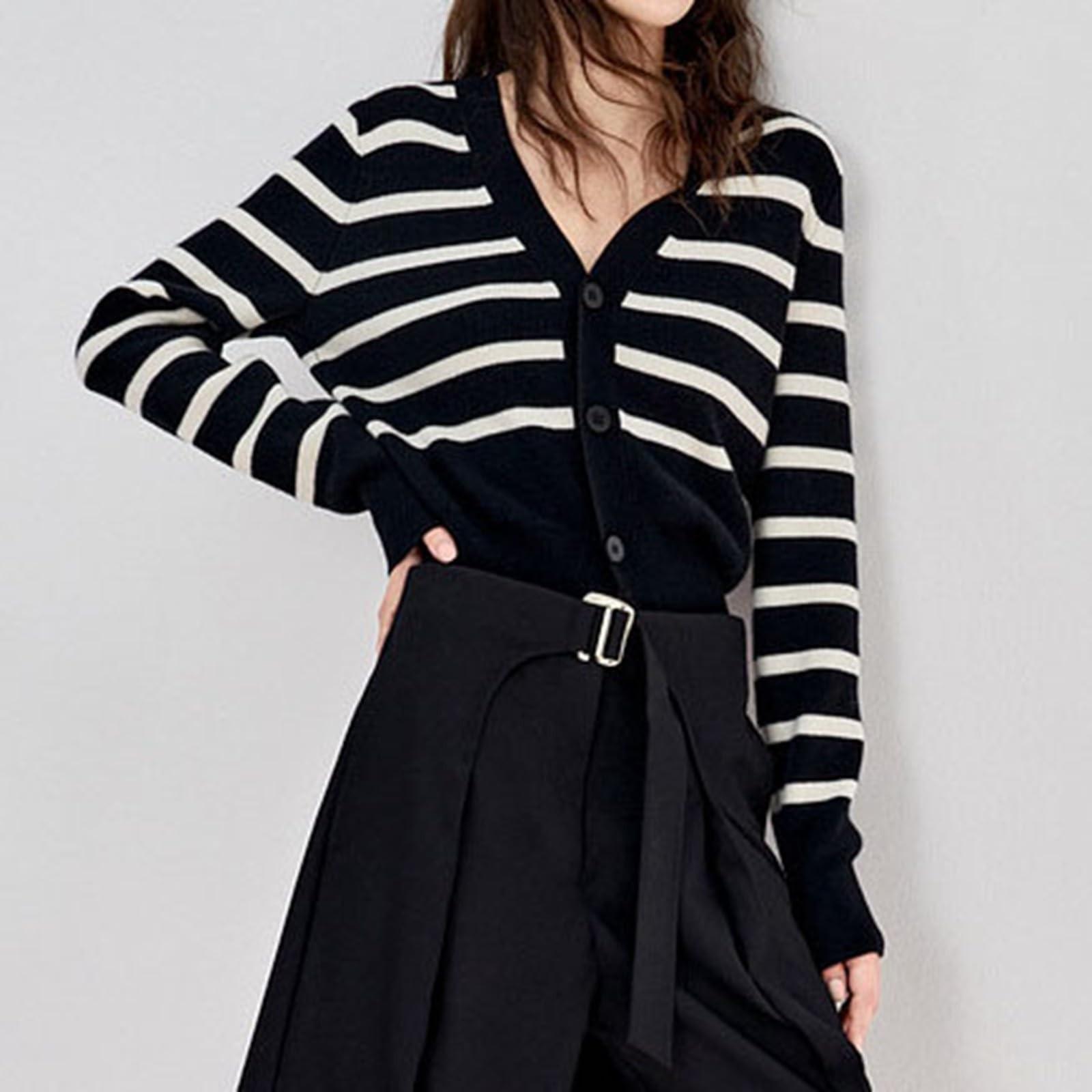 

Полосатый вязаный крючком кардиган свитера для женщин осенние модные наряды одежда повседневная застежка на пуговицы круглый вырез трикотажные кардиганы One Size чёрный