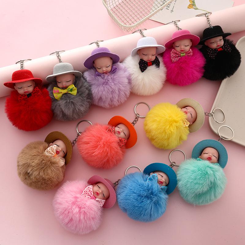 Sleeping Doll Keychain with Hat & Bow, Plush Fur Ball Ornament