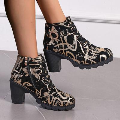 Gold Printed High Heel Ankle Boots for Women Side Zipper Thick Heels Short Booties Mujer Plus Size Lace Up Casual Boots Woman
