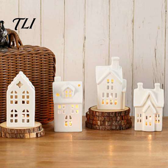 Desktop Artistic Ornament Ceramic House Shape Candle Holder, White Hollow Tea Light Holder Indoor Tabletop Holiday Decor Ornament, Miniature Figurine