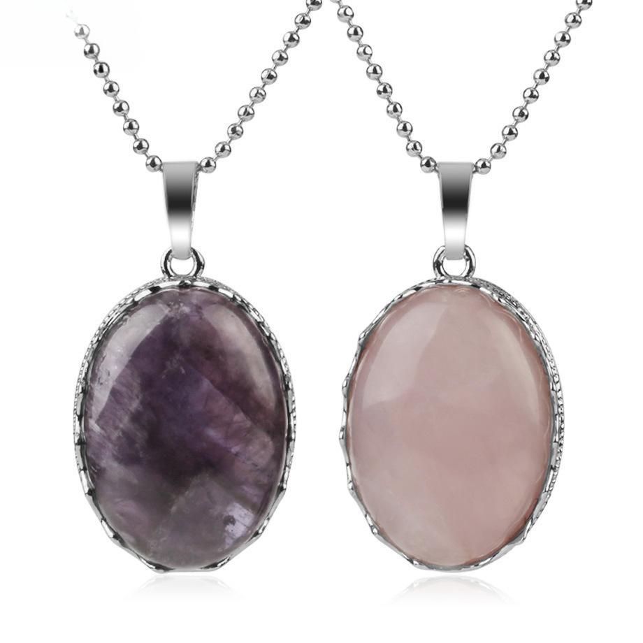 Semi Precious Amethyst Simple Design Elliptical Natural Crystal Pendant Necklace