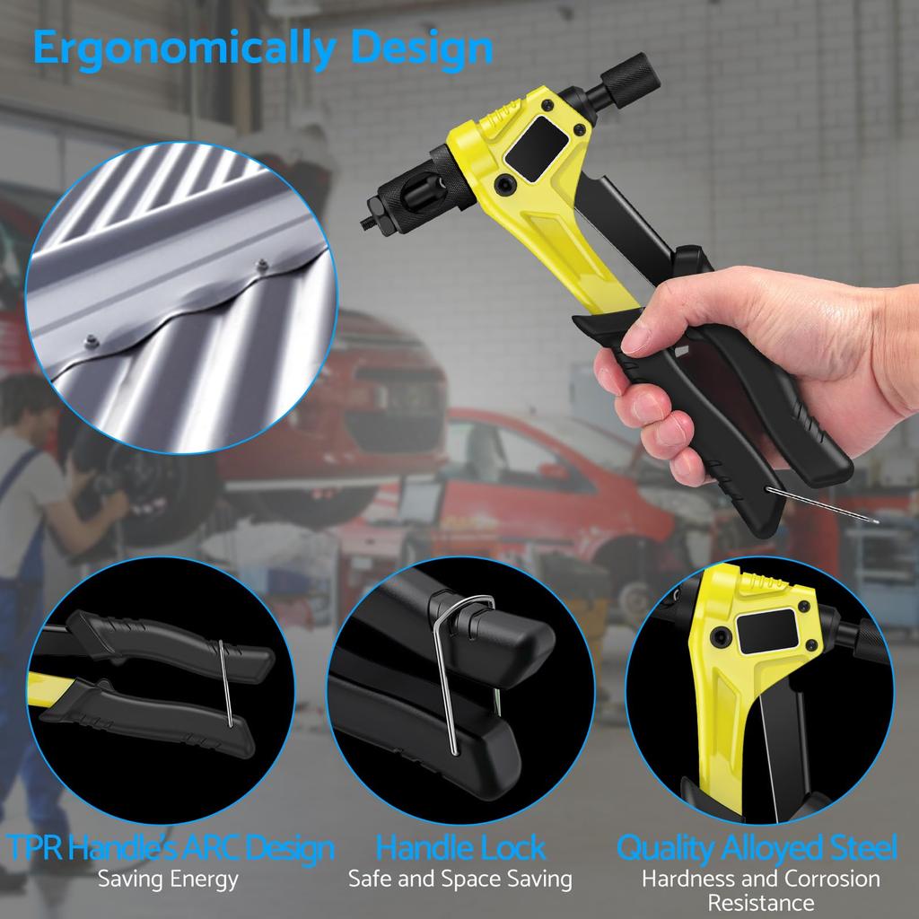 eSynic Hand Riveter Set of Screw Nut Rivet Rivet Tool Kit Set, 100-Piece M3/M4/M5/M6 Inserts, Steel/Aluminum (Yellow)