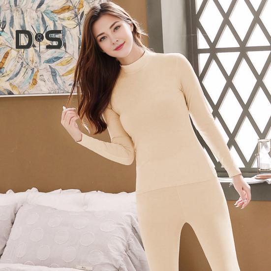 2 Pcs/Set Winter Women Thermal Underwear Set Middle-high Collar Long Sleeve Warm Thick Plush Slim Fit Elastic Lady Cold Weather Pajamas Set Homewear