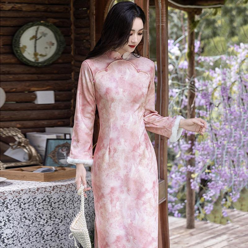 Pink velvet winter clothing national style new Chinese Suzhou long-sleeved cheongsam winter thick style improved young women's high sense