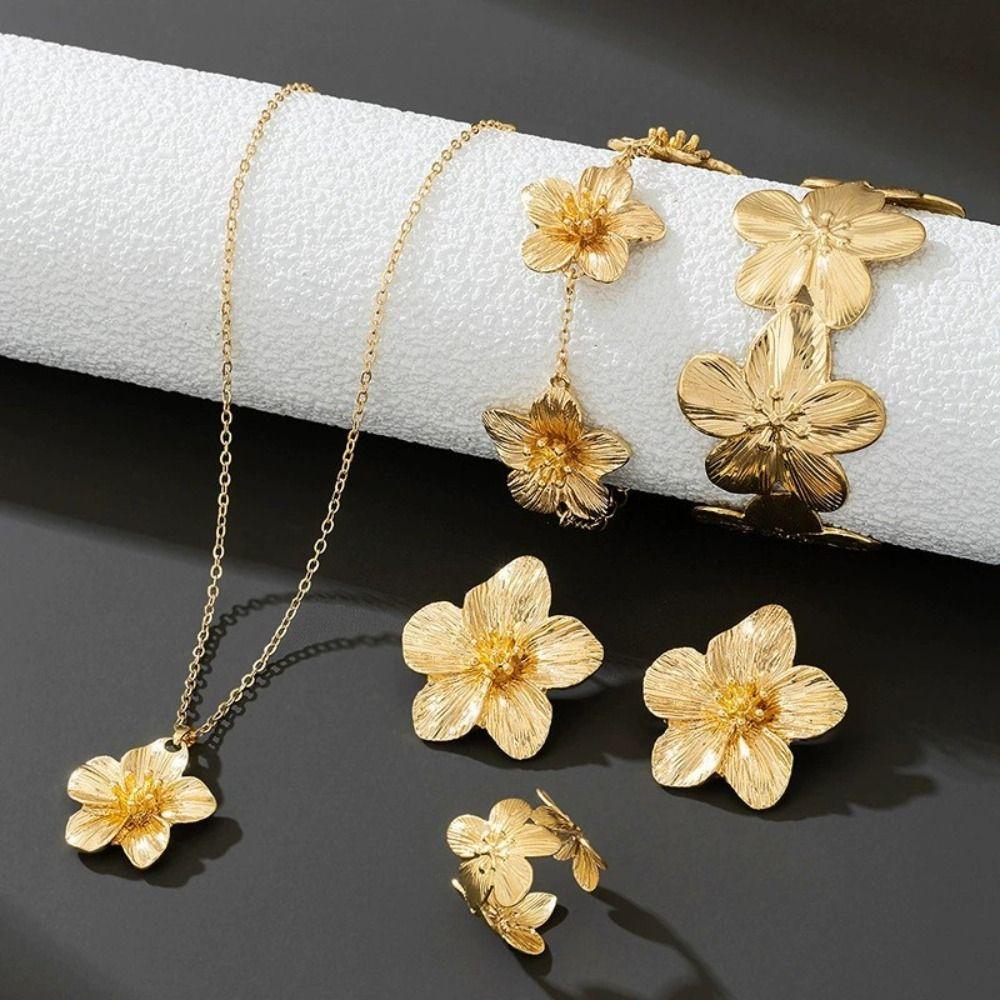 6Pcs Vintage Flower Jewelry Set Zinc Zinc Alloy Women Jewelry Suit Necklace Earrings Bracelet Set  Wedding