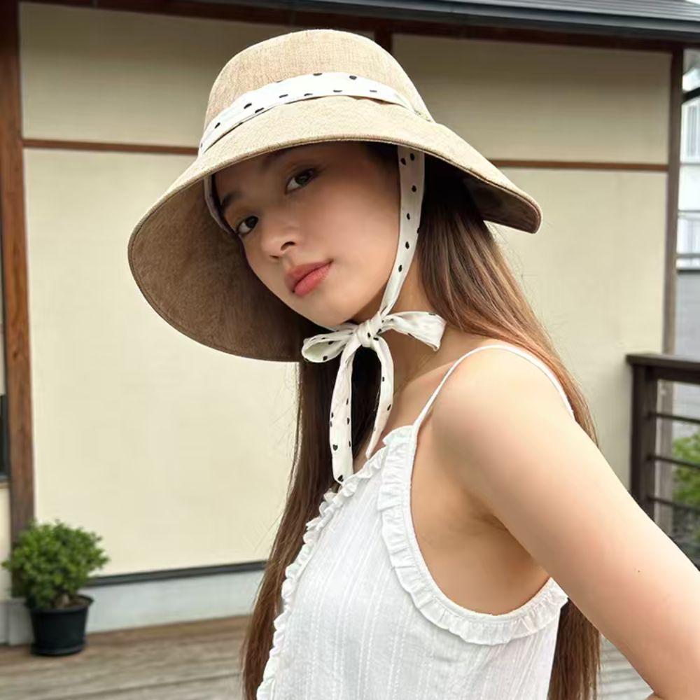 Portable Polka Dot Ribbon Women Fisherman Hat Lace Wide Brim Sunshade Hat Cotton Breathable Summer Sun Hat Ladies