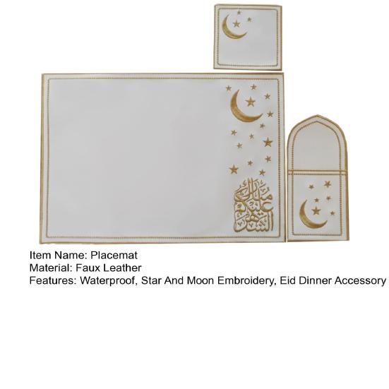 1 Set Star Moon Eid Placemat Faux Leather Embroidered Waterproof Placemat Cutlery Holder Coaster for Ramadan Dinner Home Islamic Holiday Party Decor