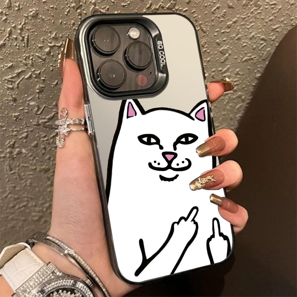 One-Finger Salute White Cat Pattern Phone Case For iPhone 17 16 15 13 12 11 ProMax Pro Plus Full Protection Funda Phone Case