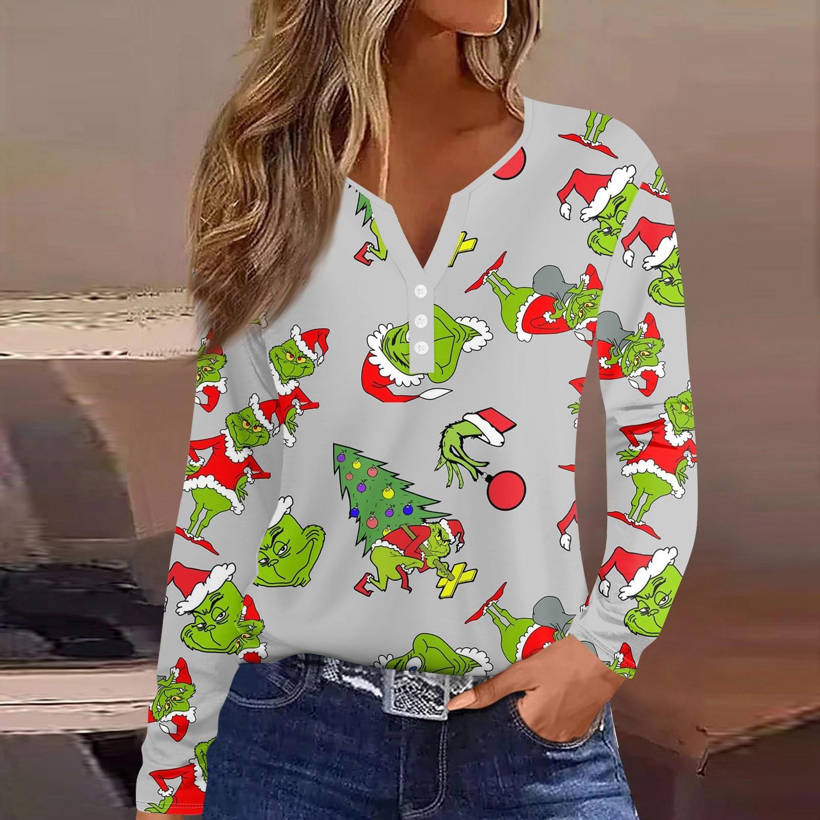 

Женская футболка с прямыми плечами и рождественским принтом, длинными рукавами, прямыми плечами и V-образным вырезом на пуговицах M оранжевый