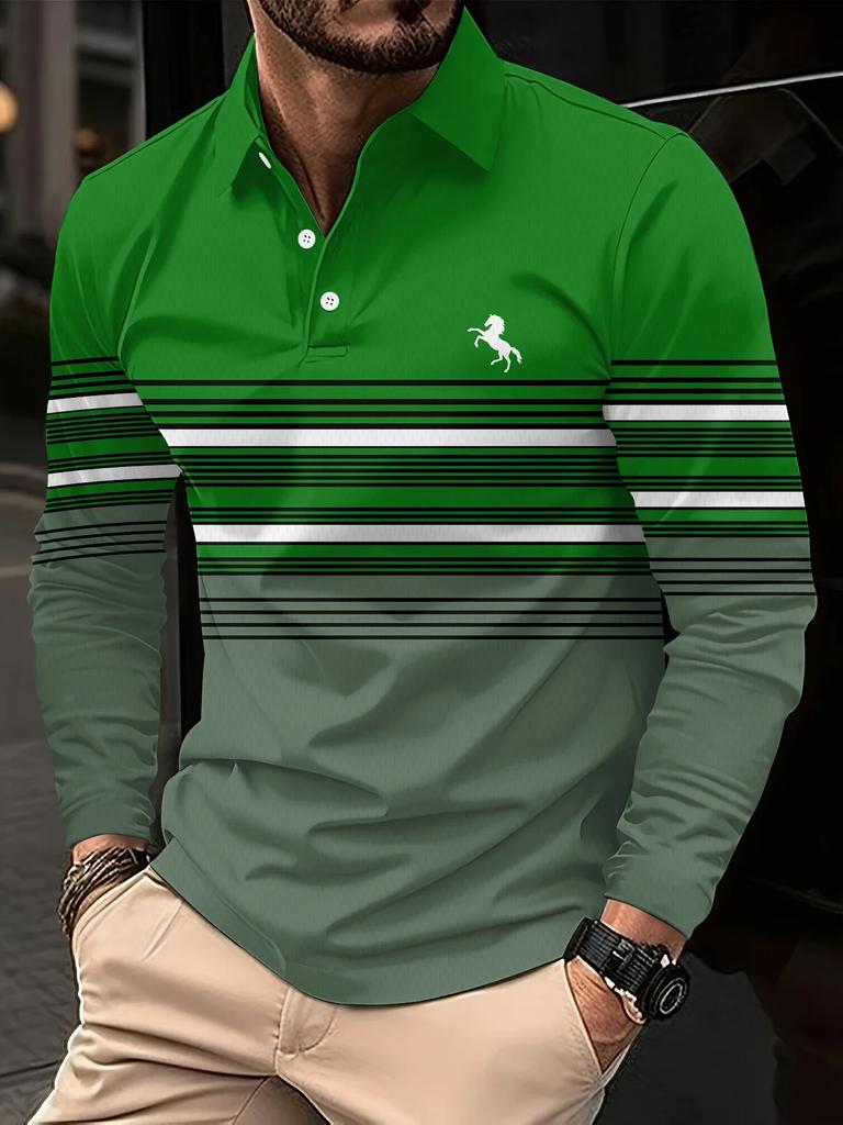 Stylish long-sleeve striped polo with horse logo, casual.