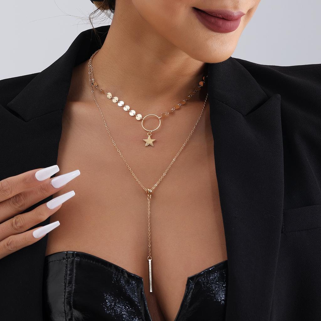 Jewelry, Metal Chain Disc Fringed Necklace, Hip-Hop Multi-Layer Stacked Star Necklace Woman