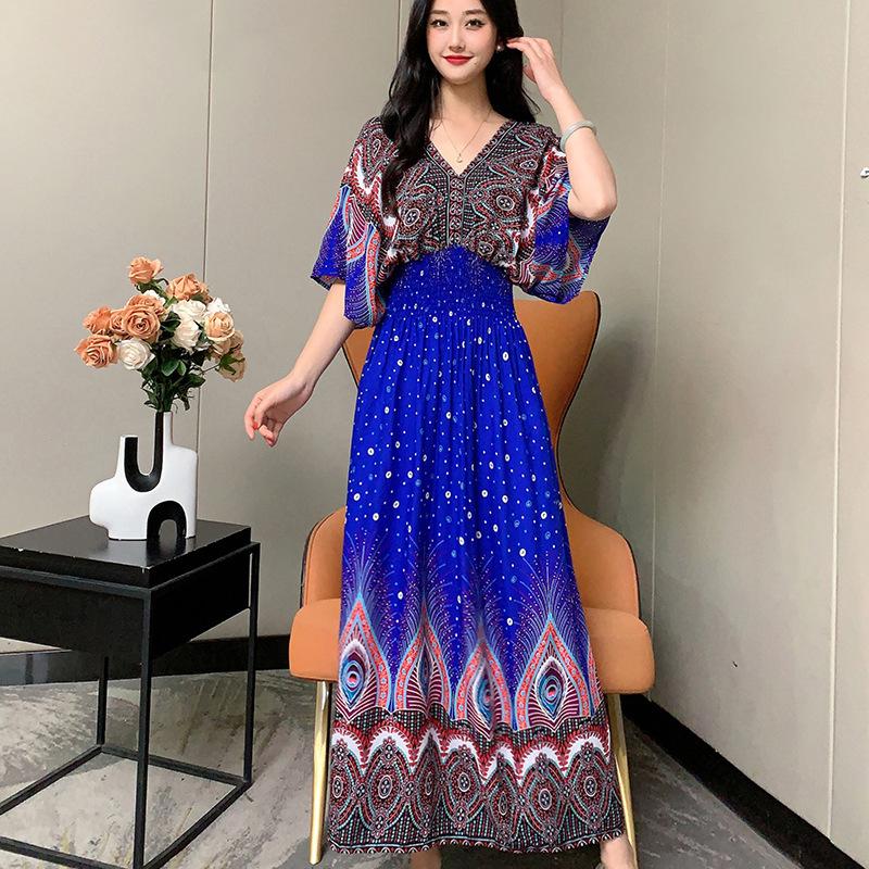 Dame Casual Blomstret V-halskjole Irregulær Tone Casual Rund hals Lang