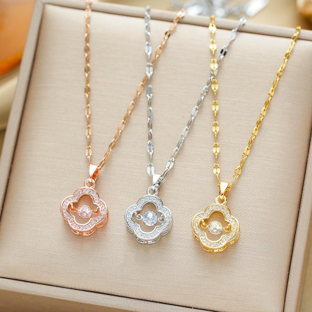 Fashion Titanium Steel Necklace For Women With Full Diamond Sparkling Four Leaf Clover Pendant Collarbone Chain Jewelry