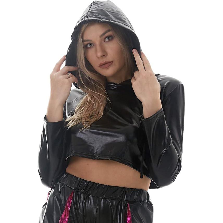 

Жіночі блискучі металеві толстовки з довгим рукавом і капюшоном, однотонна толстовка з капюшоном L чорний