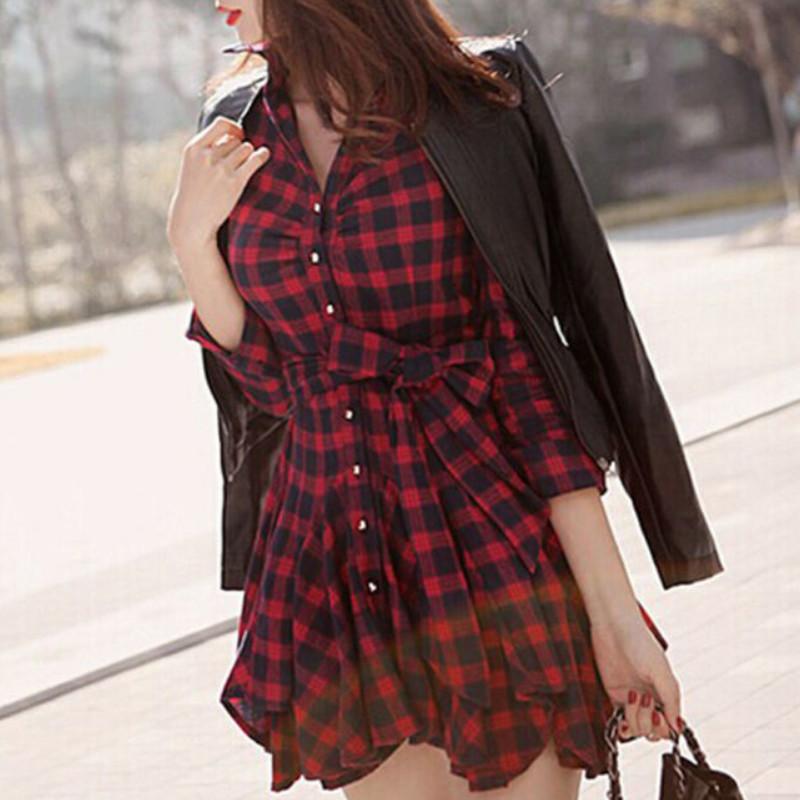 Fashion Womens Lady Long Sleeve Ruffles Office Ladies Casual Plaid Button Down Top Layer Shirt Dress
