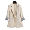 3/4 Sleeve Striped Patchwork Cuff Pockets Women Blazer Solid Color Lapel Single Button Thin Suit Coat Workwear