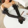 Fashion Black Silk Long Gloves Perspective Lace Pearl Etiquette Gloves Sunscreen Sleeves Wedding Dress