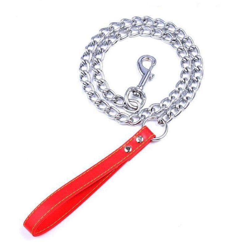 Correa de Cadena Pesada Anti-Mordeduras para Perros Gigantes de 120 cm con Asa de Cuero Correa de Cadena para Perros Correa de Entrenamiento para Perros de Metal Resistente a Mordeduras (Red,M 3mm x 120cm) rojo