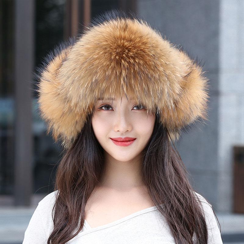 New 100% Real Fox Fur Hats Women's Russian Ushanka Aviator Trapper Snow Skiing Hat Caps  Winter Raccoon Fur Bomber Hat