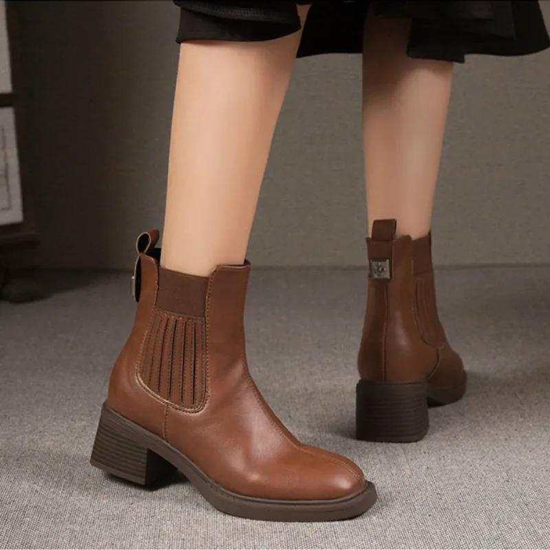 Fashion British Platform Pu Leather Ankle Boots for Women Spring Autumn Retro Soft-soled Casual Designer Women's Elastic Boots Shoes