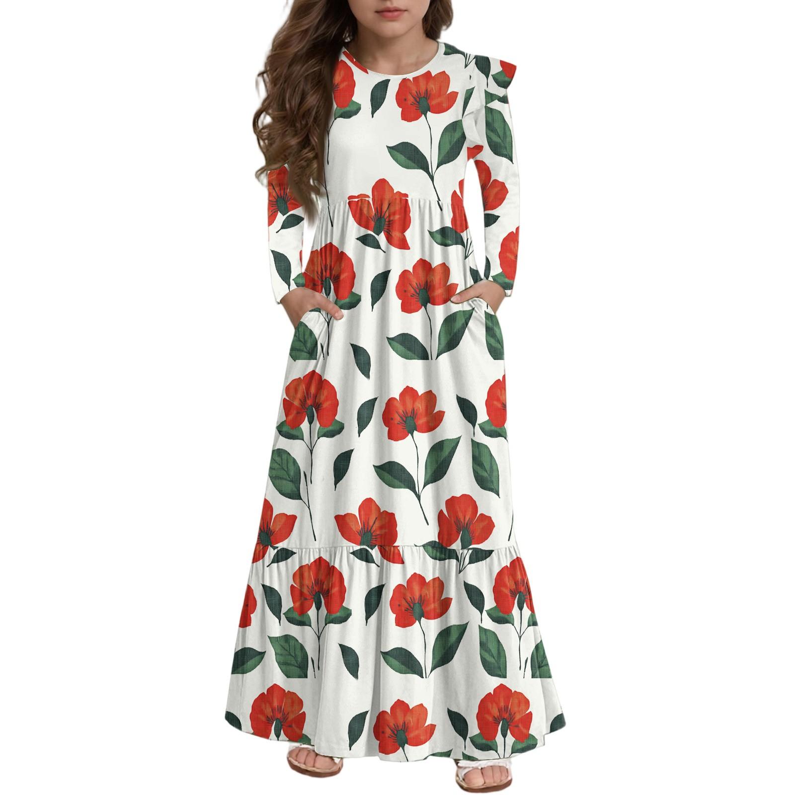 

Girls Tiered Ruffle Dress - Long Sleeve Printed Maxi With Pockets 150 червоний