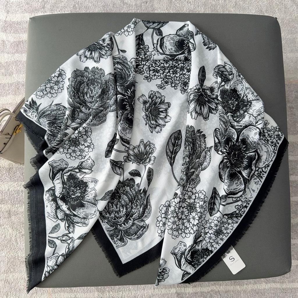 New four-sided loose beard large square scarf black and white camellia warm shawl with printed silk scarf women